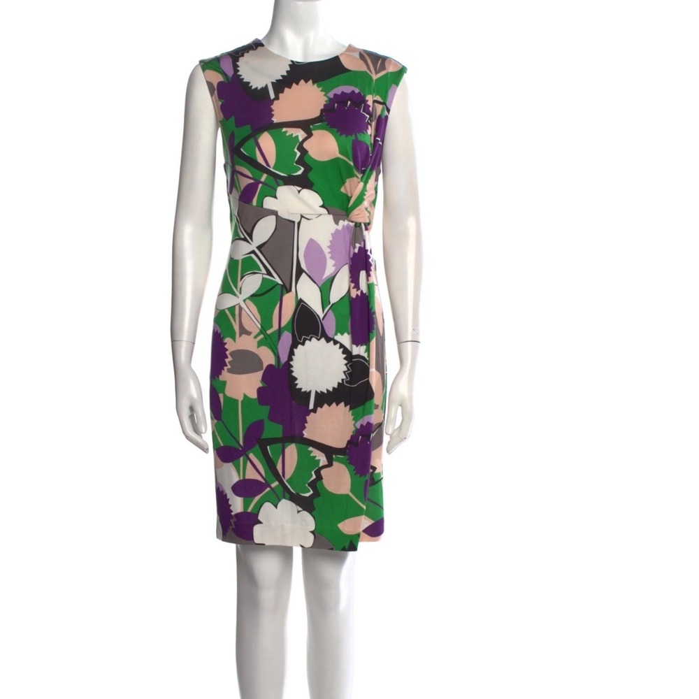 Diane von Furstenberg DVF Silk Jersey Floral Side Knot Sheath Dress Green 8